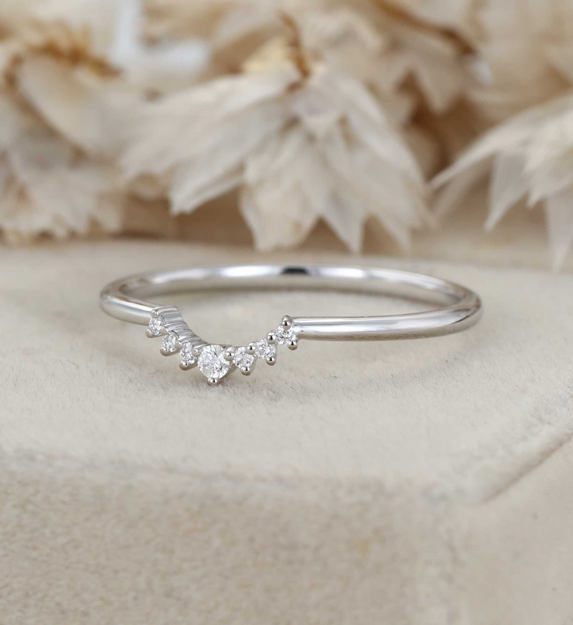 Curved Diamond Wedding Band in 14K White Gold, Unique Handmade