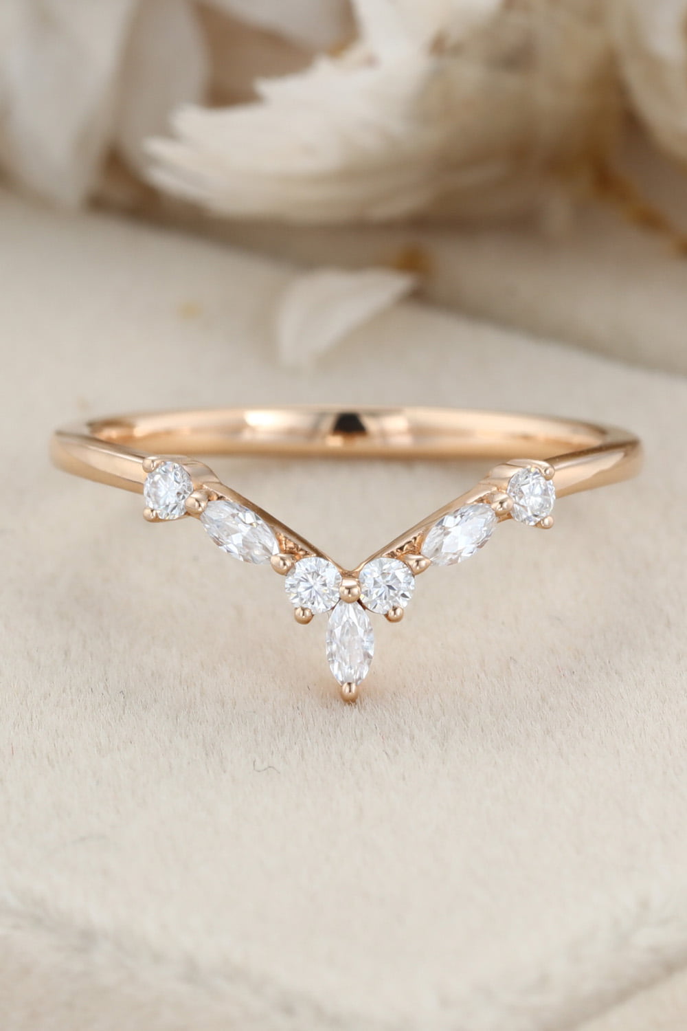 Curved Wedding Band Rose gold Diamond Wedding band Marquise cut moissanite Wedding Band Unique stacking Matching Bridal Custom promise ring