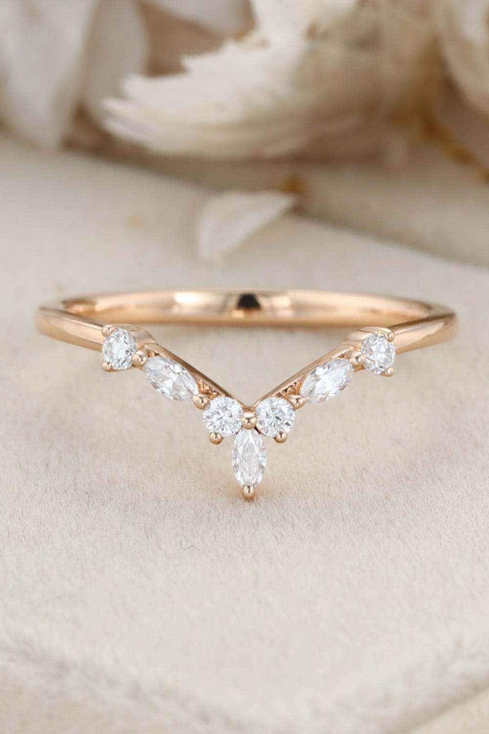 Curved Wedding Band Rose gold Diamond Wedding band Marquise cut moissanite Wedding Band Unique stacking Matching Bridal Custom promise ring