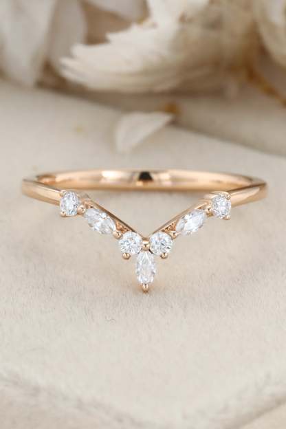 Curved Wedding Band Rose gold Diamond Wedding band Marquise cut moissanite Wedding Band Unique stacking Matching Bridal Custom promise ring