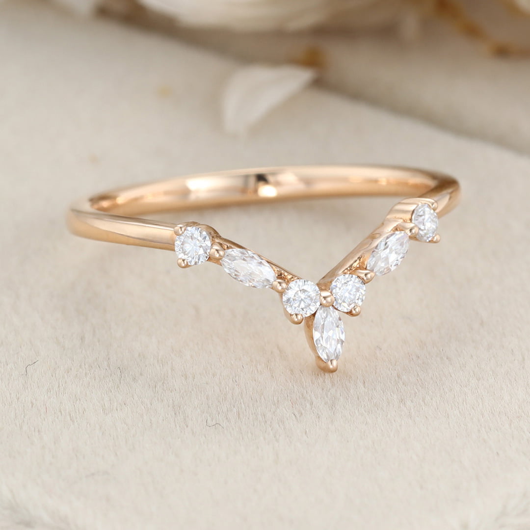 Curved Wedding Band Rose gold Diamond Wedding band Marquise cut moissanite Wedding Band Unique stacking Matching Bridal Custom promise ring