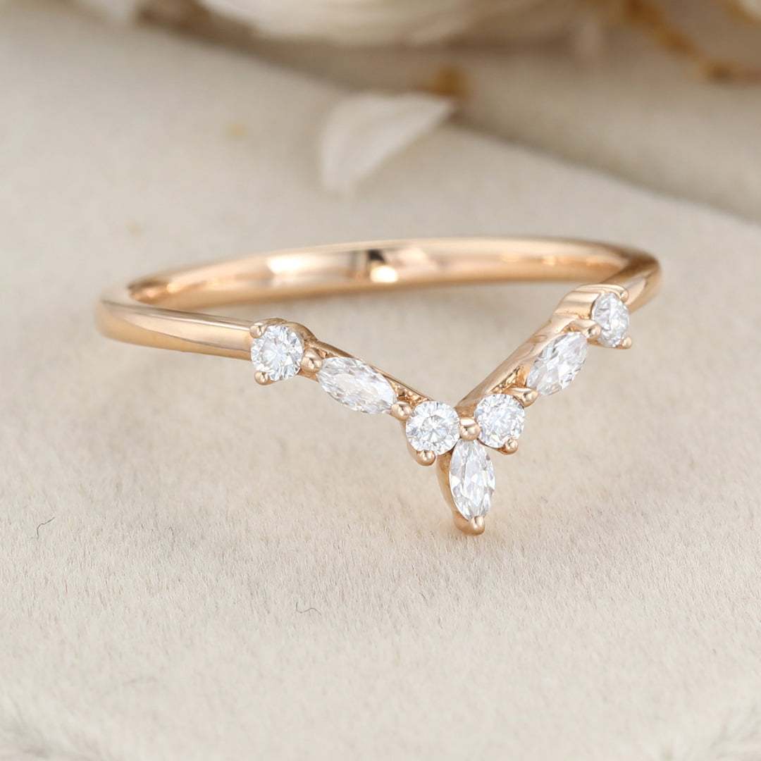 Curved Wedding Band Rose gold Diamond Wedding band Marquise cut moissanite Wedding Band Unique stacking Matching Bridal Custom promise ring