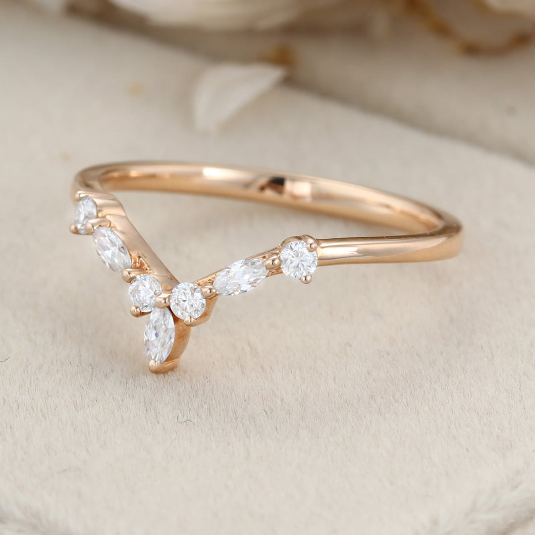 Curved Wedding Band Rose gold Diamond Wedding band Marquise cut moissanite Wedding Band Unique stacking Matching Bridal Custom promise ring