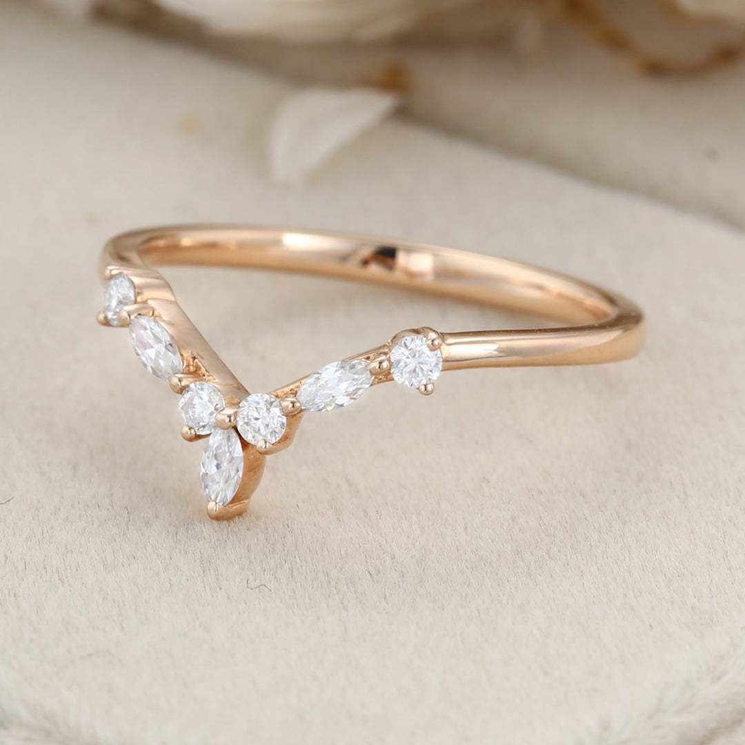 Curved Wedding Band Rose gold Diamond Wedding band Marquise cut moissanite Wedding Band Unique stacking Matching Bridal Custom promise ring
