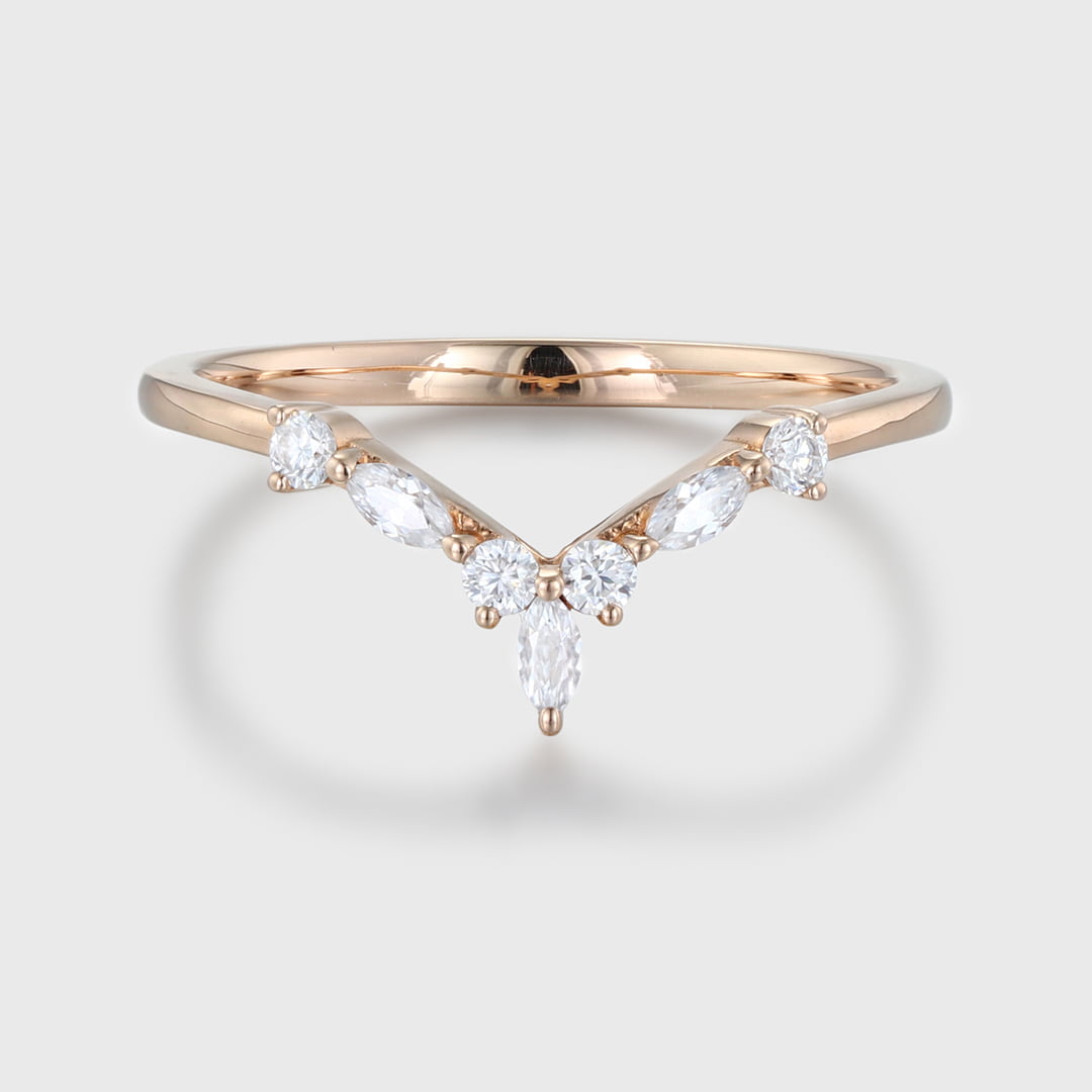 Curved Wedding Band Rose gold Diamond Wedding band Marquise cut moissanite Wedding Band Unique stacking Matching Bridal Custom promise ring
