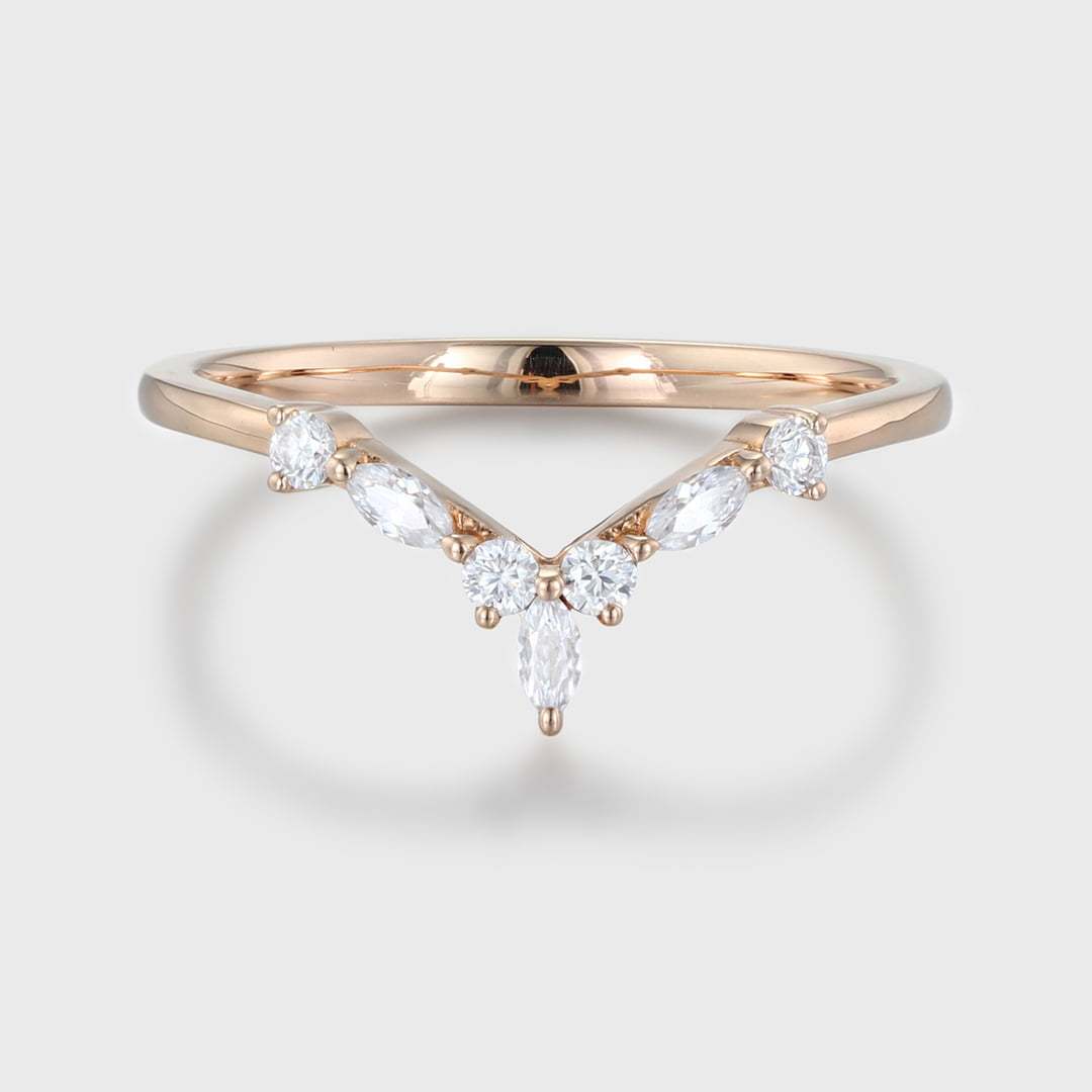 Curved Wedding Band Rose gold Diamond Wedding band Marquise cut moissanite Wedding Band Unique stacking Matching Bridal Custom promise ring