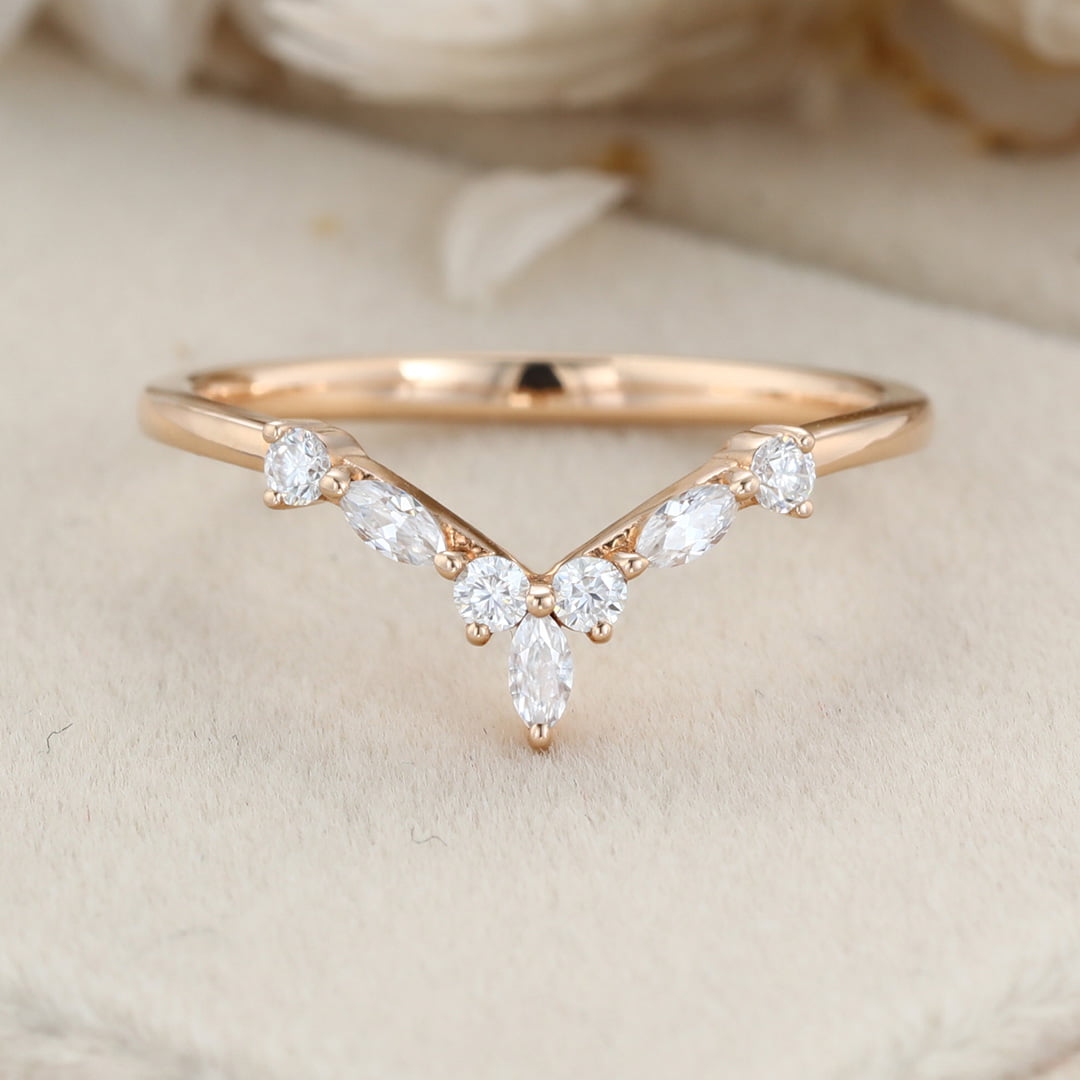 Curved Wedding Band Rose gold Diamond Wedding band Marquise cut moissanite Wedding Band Unique stacking Matching Bridal Custom promise ring