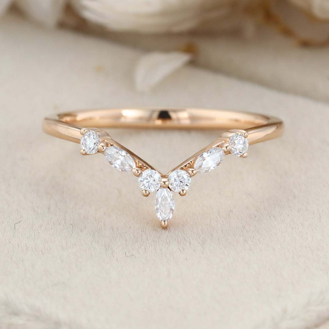 Curved Wedding Band Rose gold Diamond Wedding band Marquise cut moissanite Wedding Band Unique stacking Matching Bridal Custom promise ring