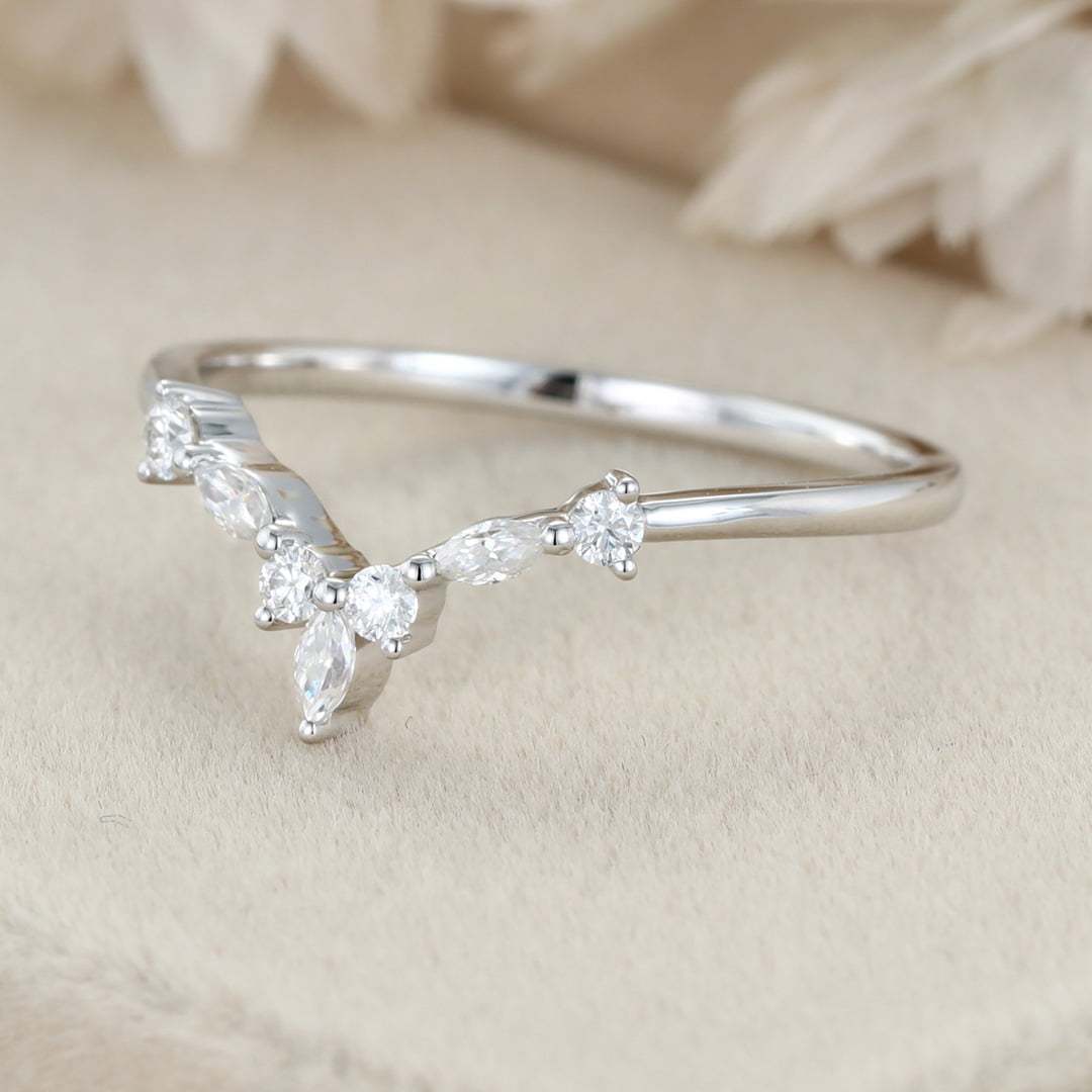 Curved Wedding Band White gold Diamond Wedding band Marquise cut moissanite Wedding Band Unique stacking Matching Bridal Custom promise ring