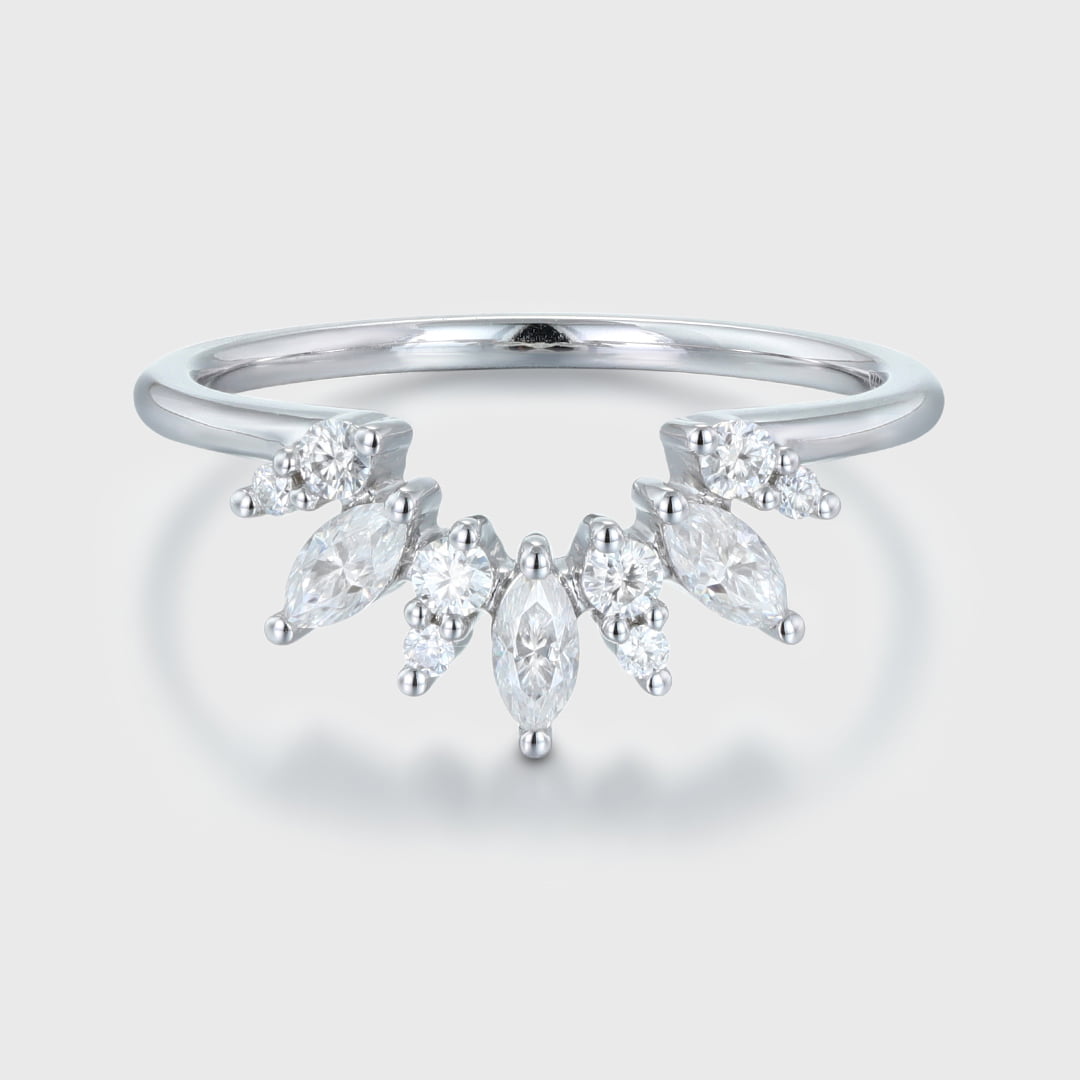 Curved Wedding Band Women Vintage Unique Marquise Cut Diamond White Gold Wedding Band Solid 14K Gold Matching Bridal Promise Gift