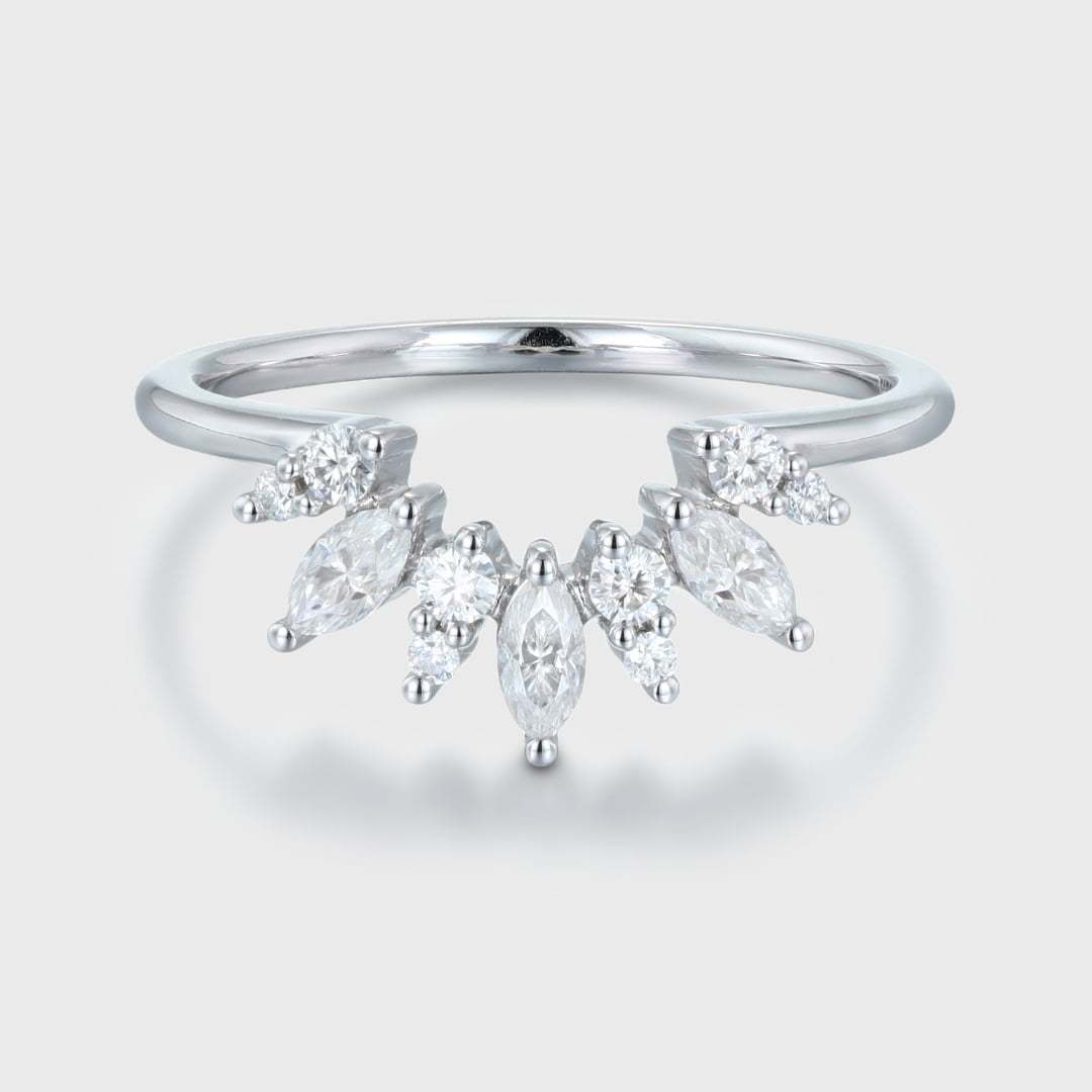 Curved Wedding Band Women Vintage Unique Marquise Cut Diamond White Gold Wedding Band Solid 14K Gold Matching Bridal Promise Gift