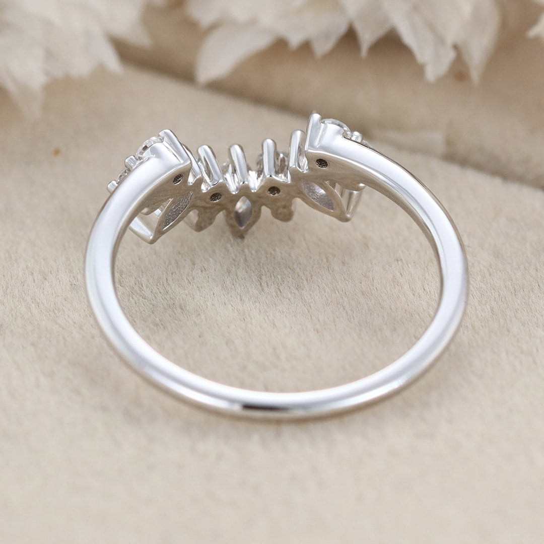 Curved Wedding Band Women Vintage Unique Marquise Cut Diamond White Gold Wedding Band Solid 14K Gold Matching Bridal Promise Gift