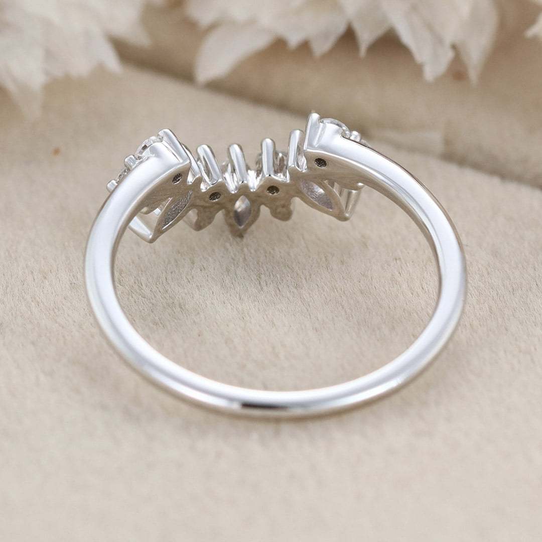 Curved Wedding Band Women Vintage Unique Marquise Cut Diamond White Gold Wedding Band Solid 14K Gold Matching Bridal Promise Gift