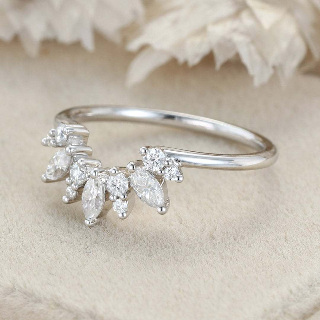 Curved Wedding Band Women Vintage Unique Marquise Cut Diamond White Gold Wedding Band Solid 14K Gold Matching Bridal Promise Gift