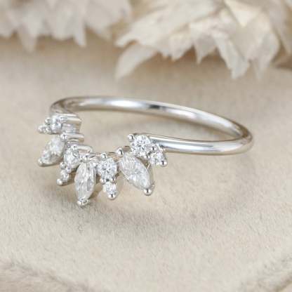 Curved Wedding Band Women Vintage Unique Marquise Cut Diamond White Gold Wedding Band Solid 14K Gold Matching Bridal Promise Gift