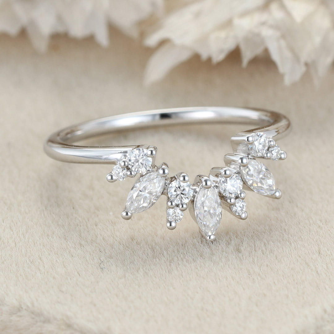 Curved Wedding Band Women Vintage Unique Marquise Cut Diamond White Gold Wedding Band Solid 14K Gold Matching Bridal Promise Gift