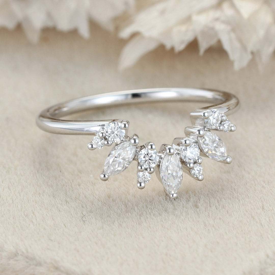 Curved Wedding Band Women Vintage Unique Marquise Cut Diamond White Gold Wedding Band Solid 14K Gold Matching Bridal Promise Gift