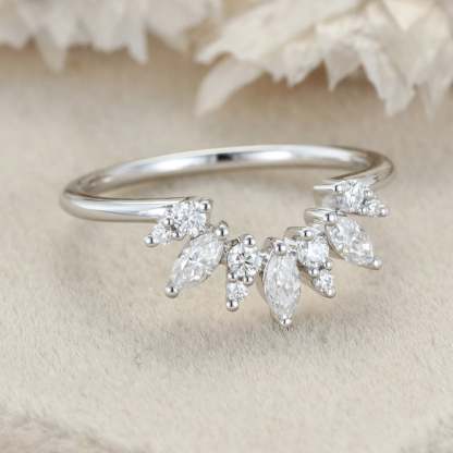 Curved Wedding Band Women Vintage Unique Marquise Cut Diamond White Gold Wedding Band Solid 14K Gold Matching Bridal Promise Gift