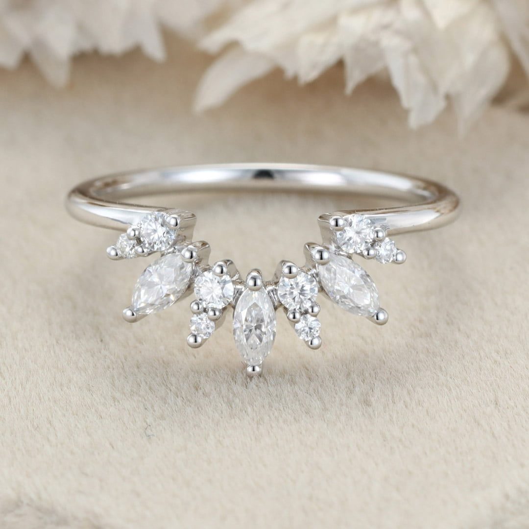 Curved Wedding Band Women Vintage Unique Marquise Cut Diamond White Gold Wedding Band Solid 14K Gold Matching Bridal Promise Gift
