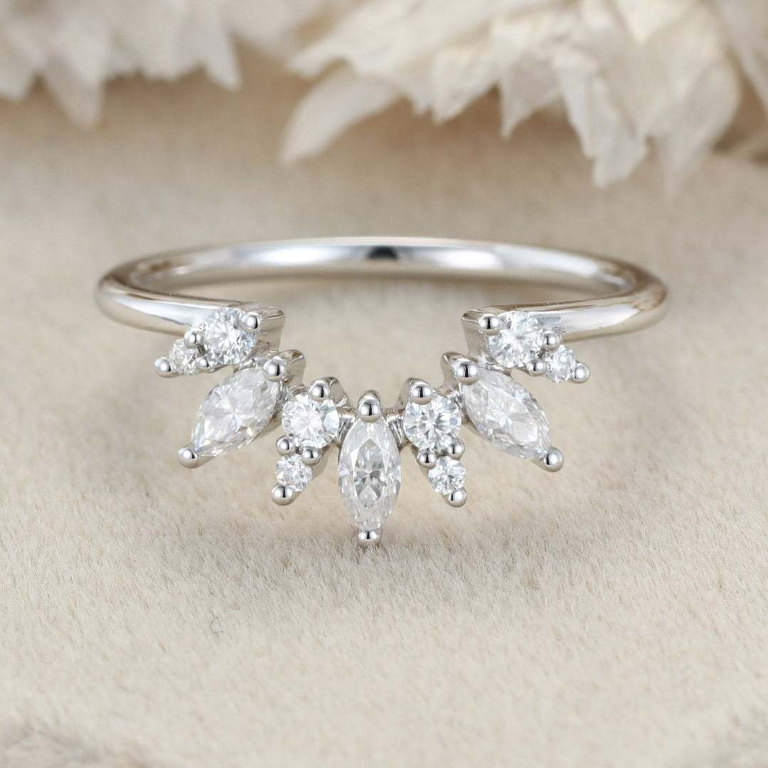 Curved Wedding Band Women Vintage Unique Marquise Cut Diamond White Gold Wedding Band Solid 14K Gold Matching Bridal Promise Gift
