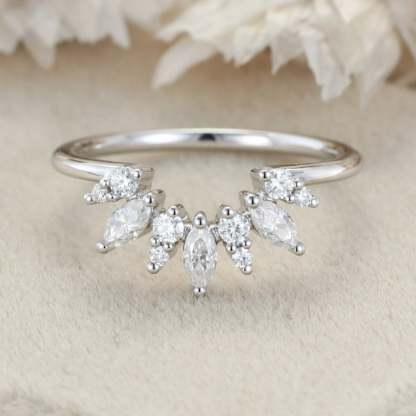 Curved Wedding Band Women Vintage Unique Marquise Cut Diamond White Gold Wedding Band Solid 14K Gold Matching Bridal Promise Gift