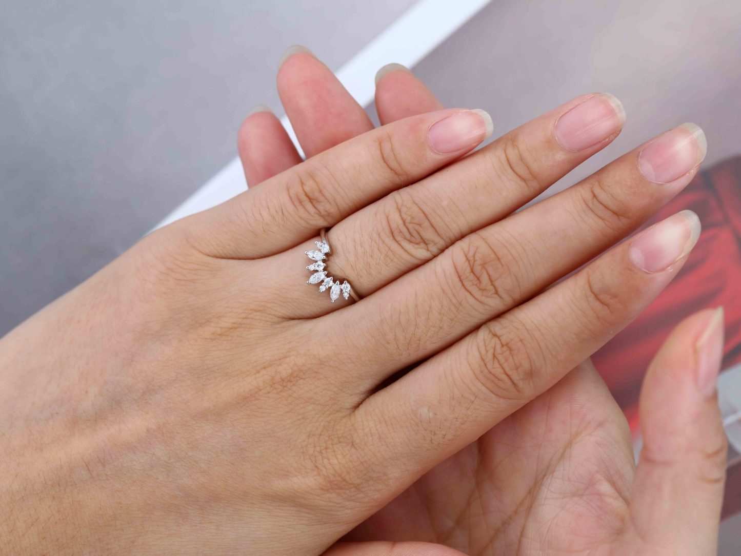 Curved Wedding Band Women Vintage Unique Marquise Cut Diamond White Gold Wedding Band Solid 14K Gold Matching Bridal Promise Gift