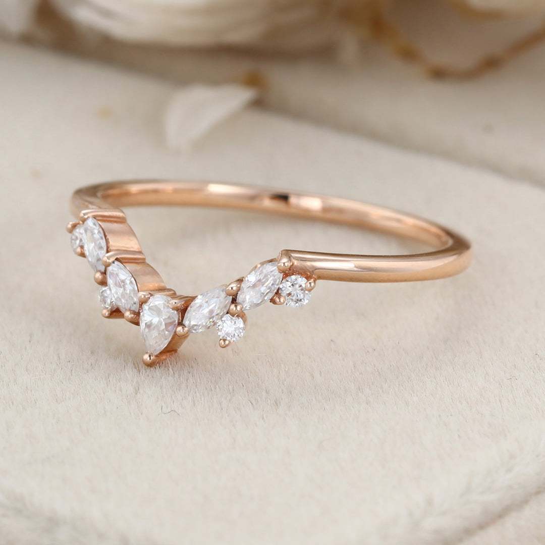 Curved wedding band Rose Unique gold Moissanite diamond wedding band Marquise cut Round cut Pear cut Bridal Promise Gift for her