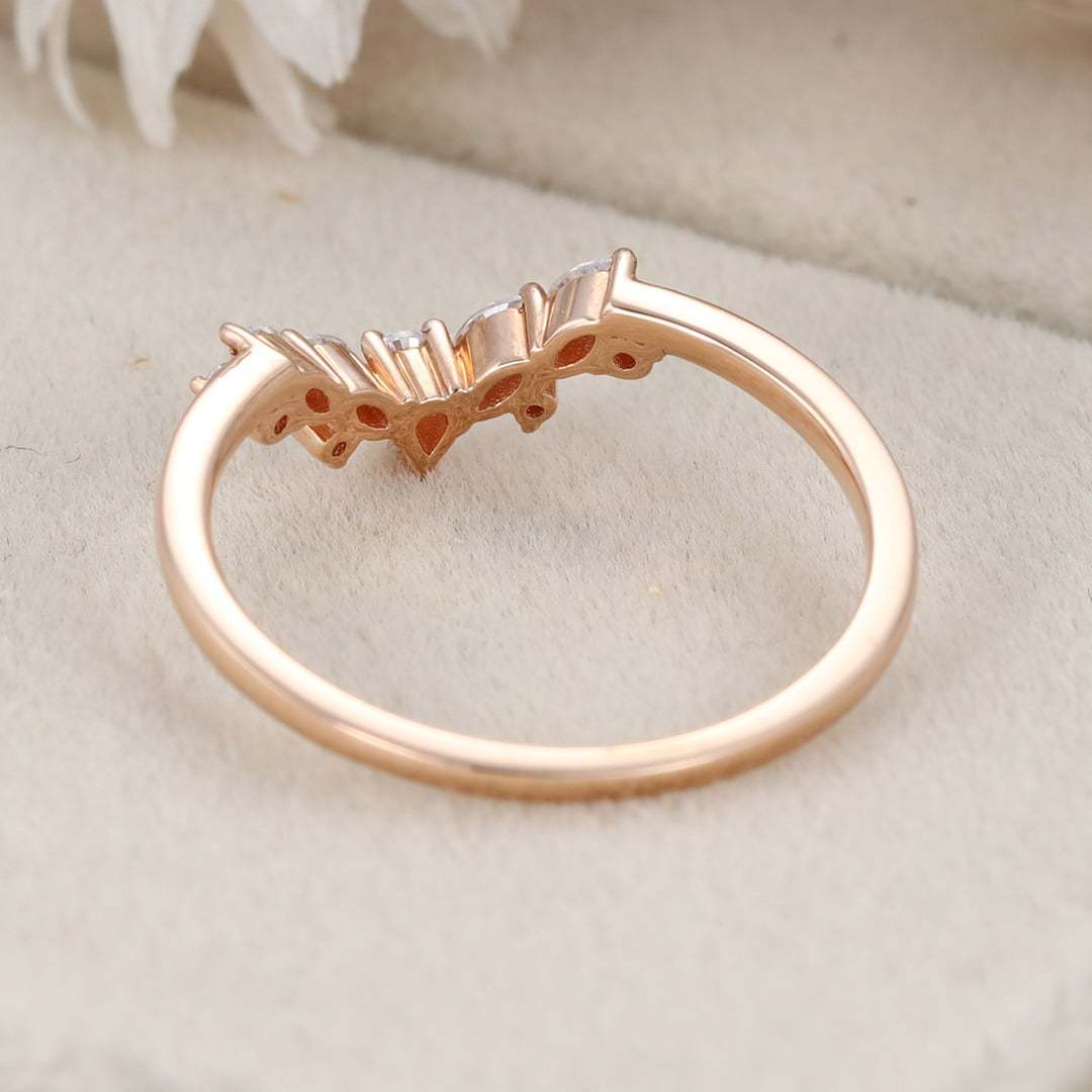 Curved wedding band Rose Unique gold Moissanite diamond wedding band Marquise cut Round cut Pear cut Bridal Promise Gift for her