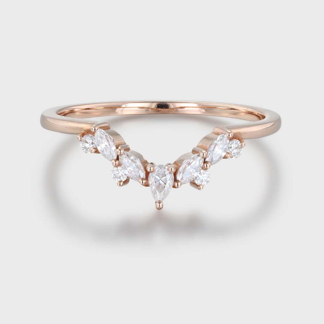 Curved wedding band Rose Unique gold Moissanite diamond wedding band Marquise cut Round cut Pear cut Bridal Promise Gift for her