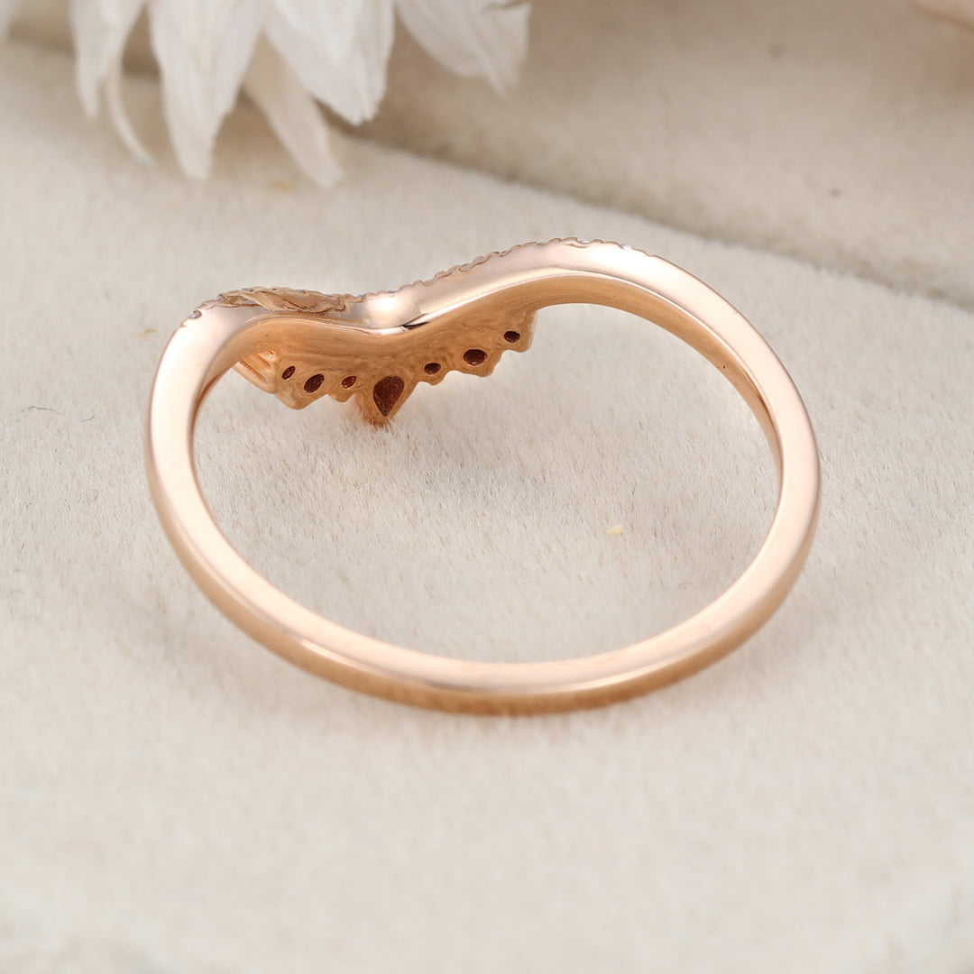 Curved wedding band women Unique wedding band Rose gold vintage Pear shaped Moissanite Diamond Stacking ring Matching bridal promise gift