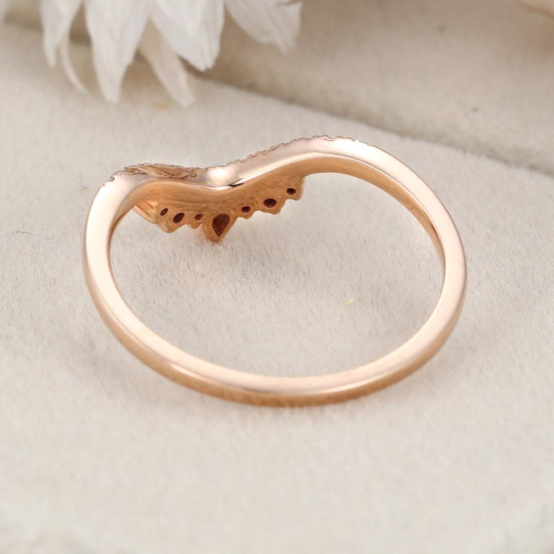 Curved wedding band women Unique wedding band Rose gold vintage Pear shaped Moissanite Diamond Stacking ring Matching bridal promise gift