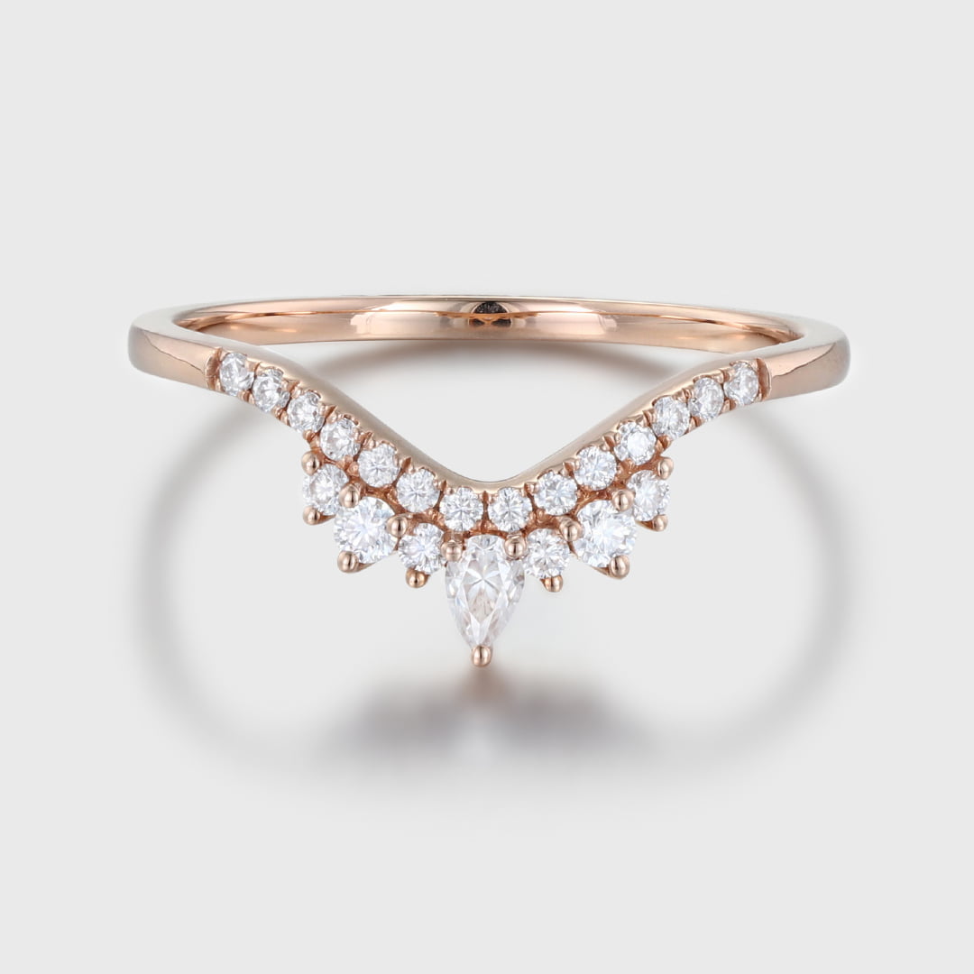 Curved wedding band women Unique wedding band Rose gold vintage Pear shaped Moissanite Diamond Stacking ring Matching bridal promise gift