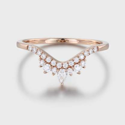 Curved wedding band women Unique wedding band Rose gold vintage Pear shaped Moissanite Diamond Stacking ring Matching bridal promise gift