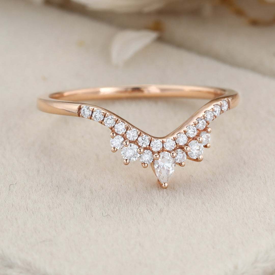 Curved wedding band women Unique wedding band Rose gold vintage Pear shaped Moissanite Diamond Stacking ring Matching bridal promise gift