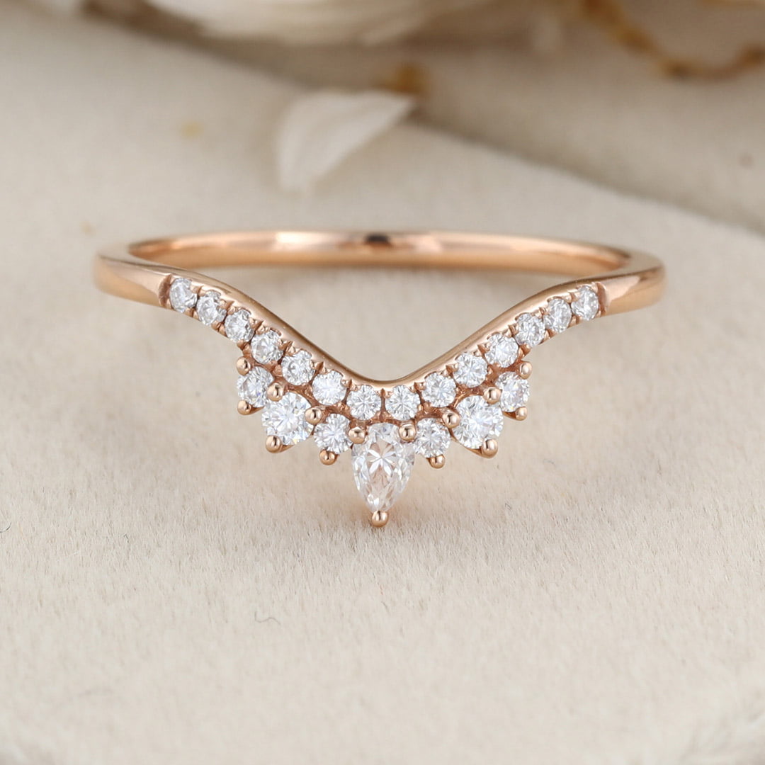 Curved wedding band women Unique wedding band Rose gold vintage Pear shaped Moissanite Diamond Stacking ring Matching bridal promise gift