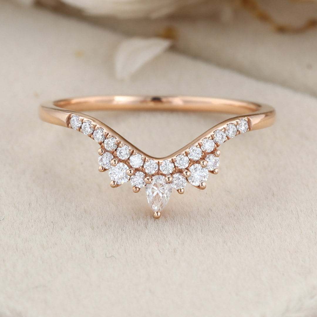 Curved wedding band women Unique wedding band Rose gold vintage Pear shaped Moissanite Diamond Stacking ring Matching bridal promise gift
