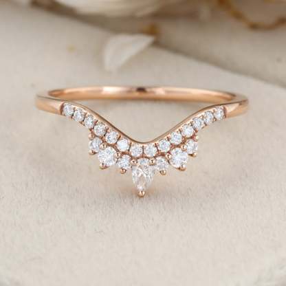Curved wedding band women Unique wedding band Rose gold vintage Pear shaped Moissanite Diamond Stacking ring Matching bridal promise gift
