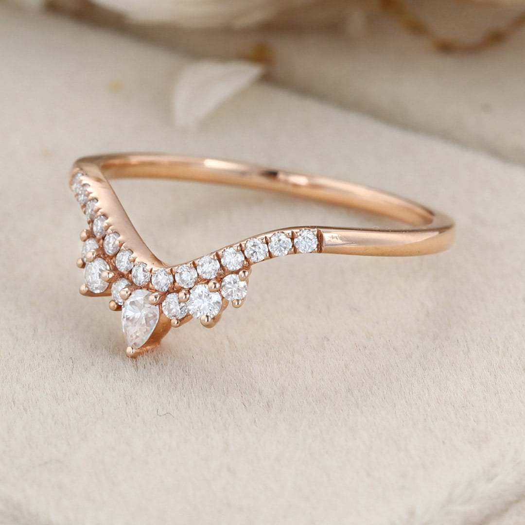Curved wedding band women Unique wedding band Rose gold vintage Pear shaped Moissanite Diamond Stacking ring Matching bridal promise gift