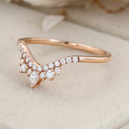 Curved wedding band women Unique wedding band Rose gold vintage Pear shaped Moissanite Diamond Stacking ring Matching bridal promise gift