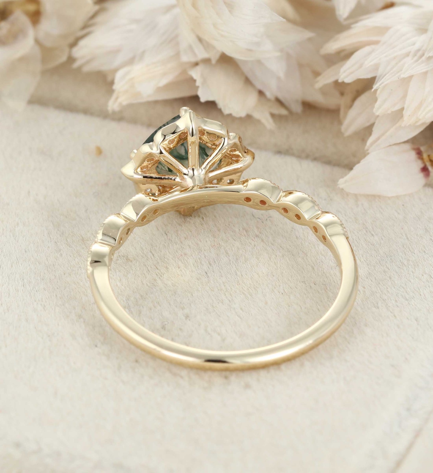 Cushion Cut Natural Moss Agate Engagement Ring in 14K Yellow Gold
