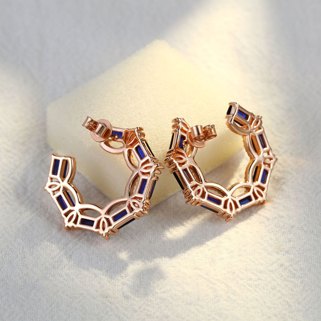 Diamond Small Hoop Earrings Baguette Lab Sapphire Earrings Moissanite Halo 14K Rose Gold Earrings