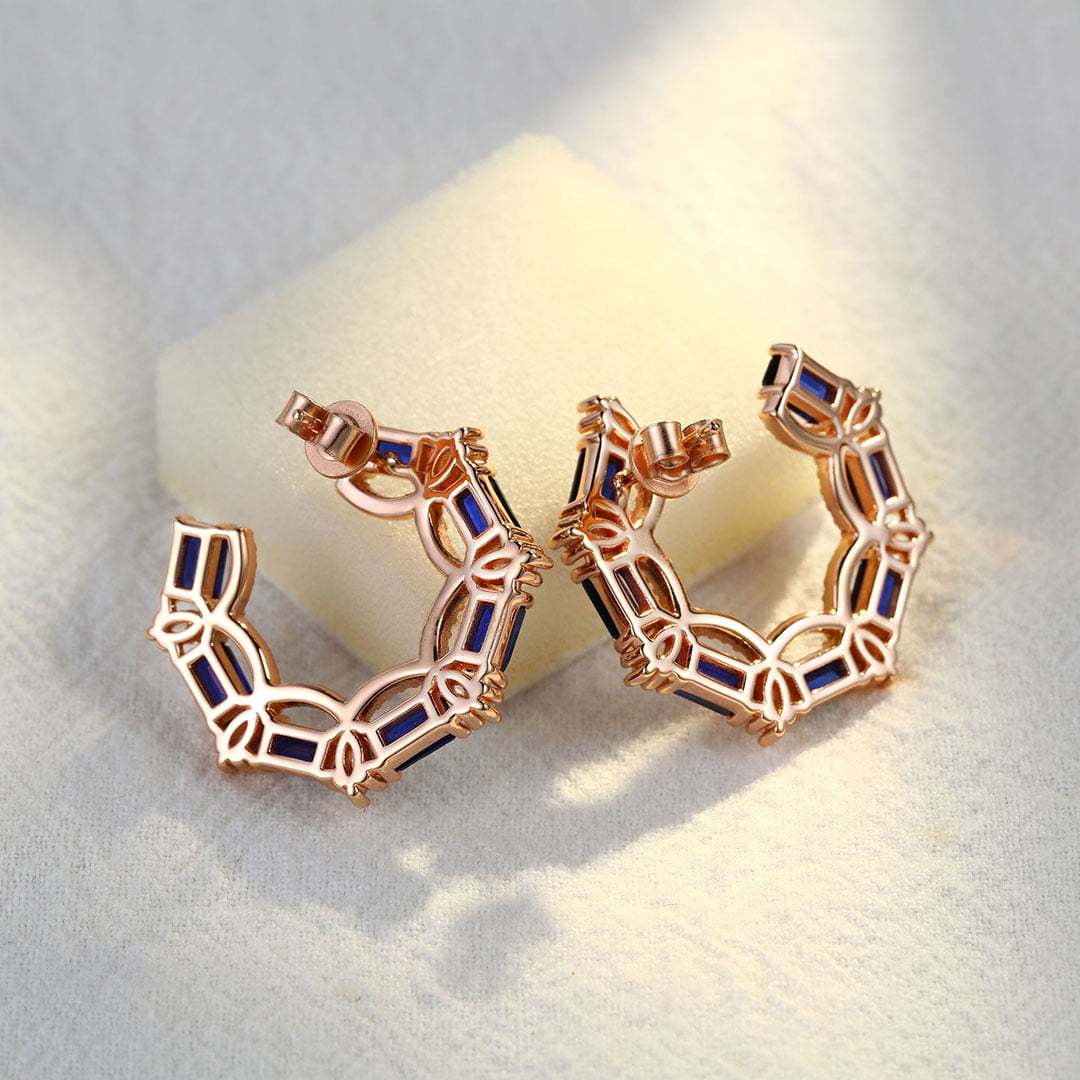 Diamond Small Hoop Earrings Baguette Lab Sapphire Earrings Moissanite Halo 14K Rose Gold Earrings