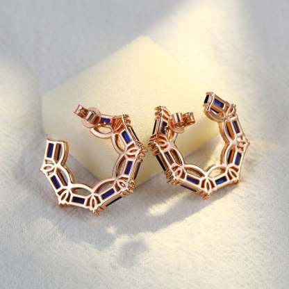 Diamond Small Hoop Earrings Baguette Lab Sapphire Earrings Moissanite Halo 14K Rose Gold Earrings
