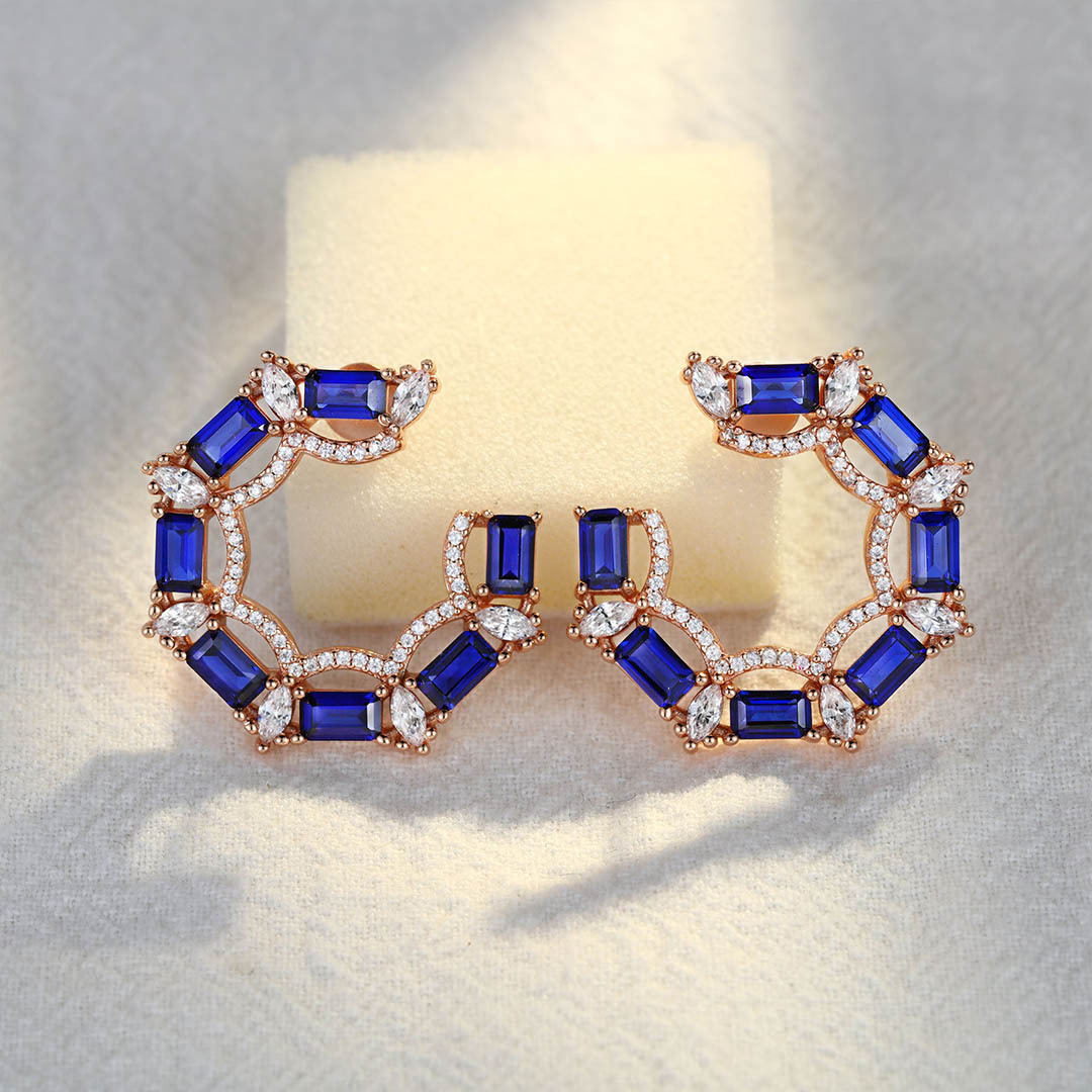 Diamond Small Hoop Earrings Baguette Lab Sapphire Earrings Moissanite Halo 14K Rose Gold Earrings