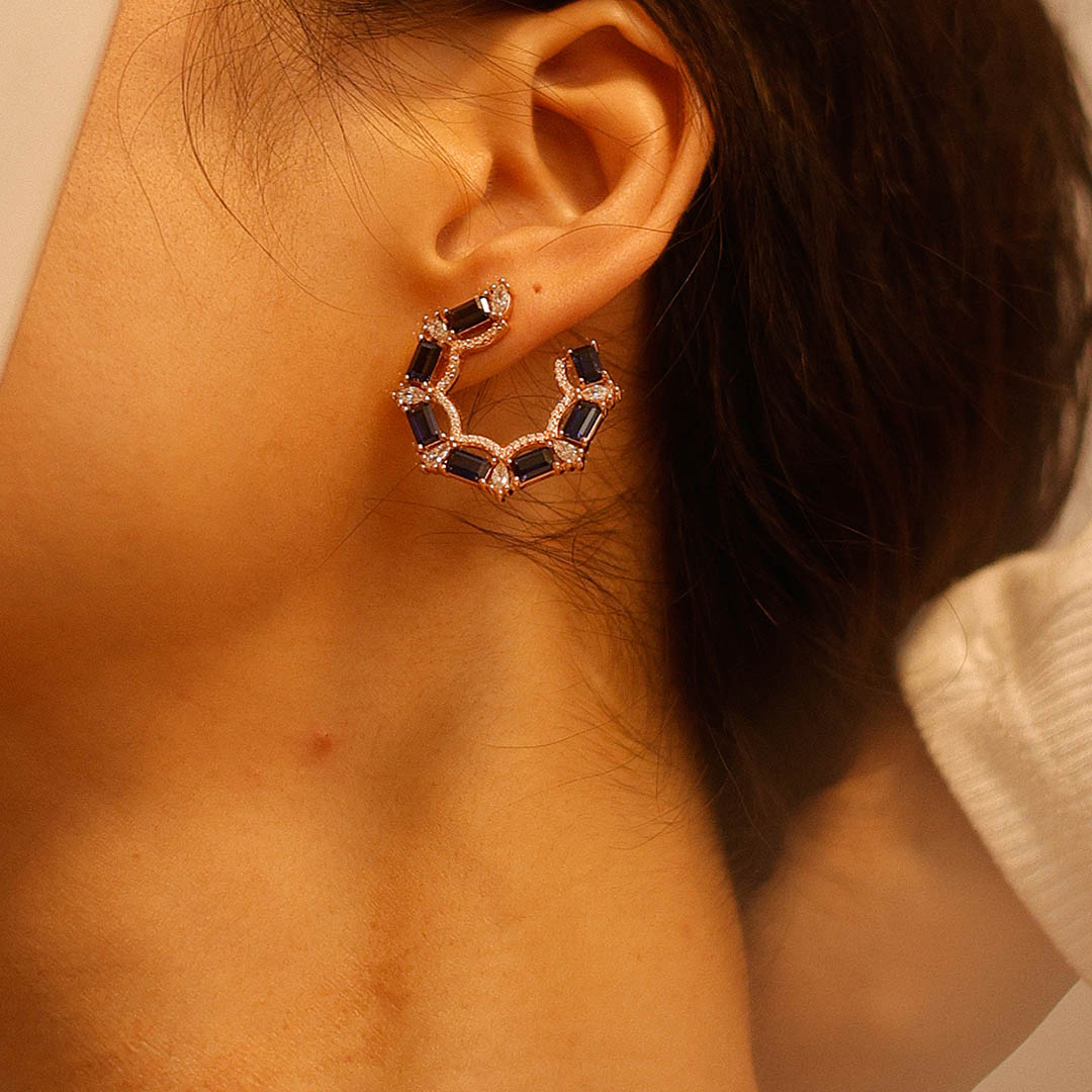 Diamond Small Hoop Earrings Baguette Lab Sapphire Earrings Moissanite Halo 14K Rose Gold Earrings