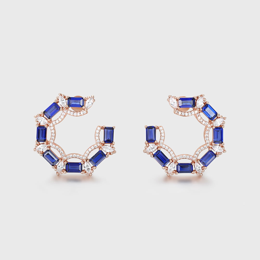 Diamond Small Hoop Earrings Baguette Lab Sapphire Earrings Moissanite Halo 14K Rose Gold Earrings