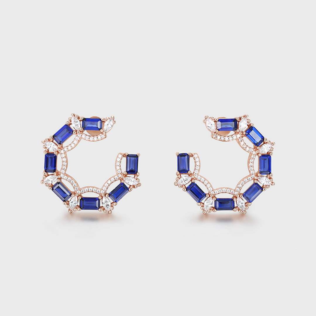 Diamond Small Hoop Earrings Baguette Lab Sapphire Earrings Moissanite Halo 14K Rose Gold Earrings