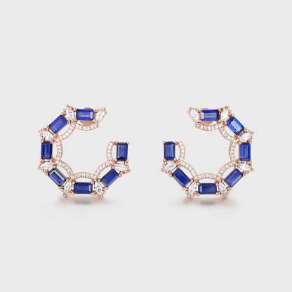 Diamond Small Hoop Earrings Baguette Lab Sapphire Earrings Moissanite Halo 14K Rose Gold Earrings