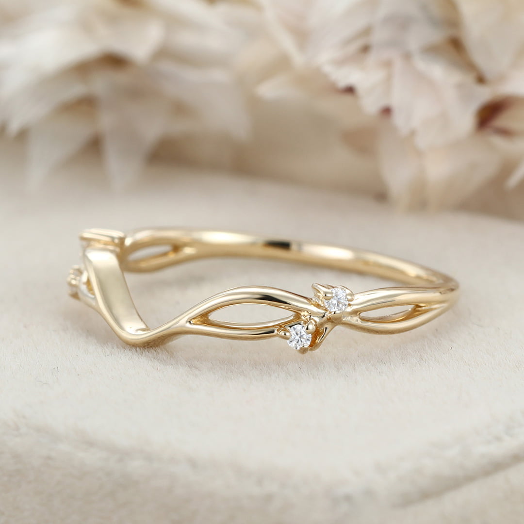 Diamond Wedding Band Curved Wedding Band Women Vintage Art Deco 14K Yellow Gold Stacking Match Ring