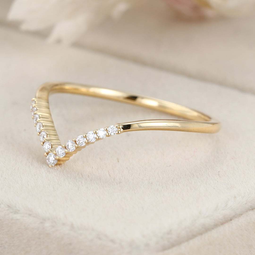 Diamond Wedding band Curved Wedding Band Unique Yellow gold moissanite Wedding Band vintage Stacking Matching ring Bridal promise gift for her